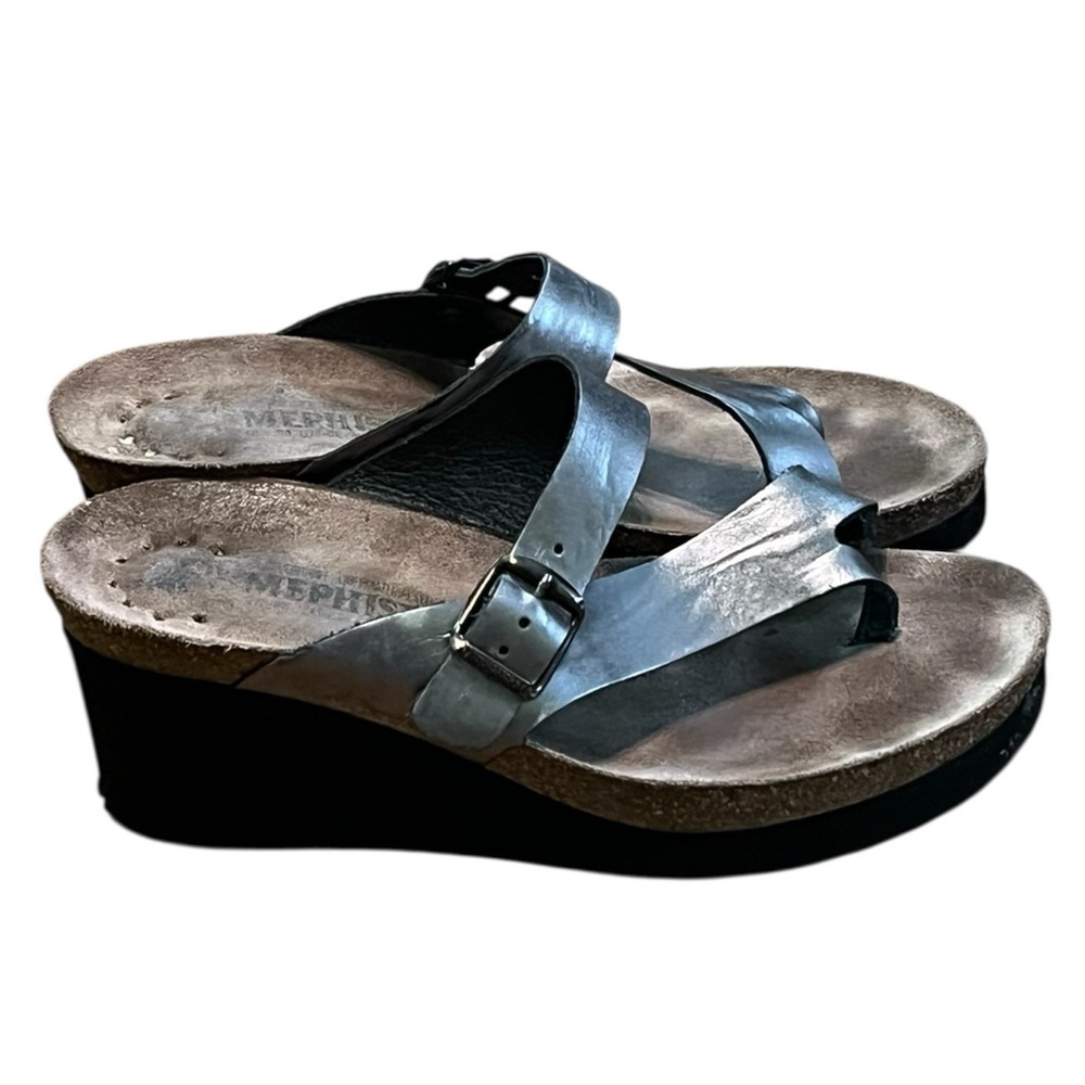 Mephisto Tyfanie silver leather cork foot bed wedge sandals - Picture 2 of 11